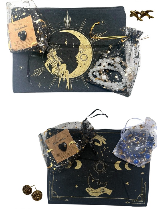 Handbags - Celestial Goddess Gift Set with Pouch, Black Obsidian Heart, Bracelets, Earrings